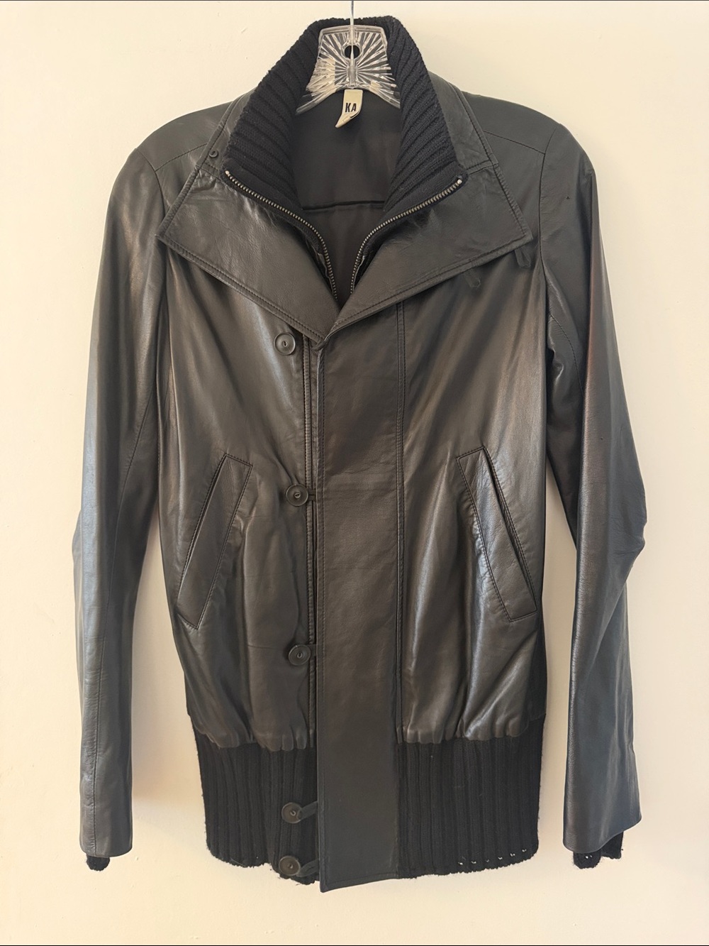 Katayone Adeli Leather Bomber Jacket with Rib-Knit Hem